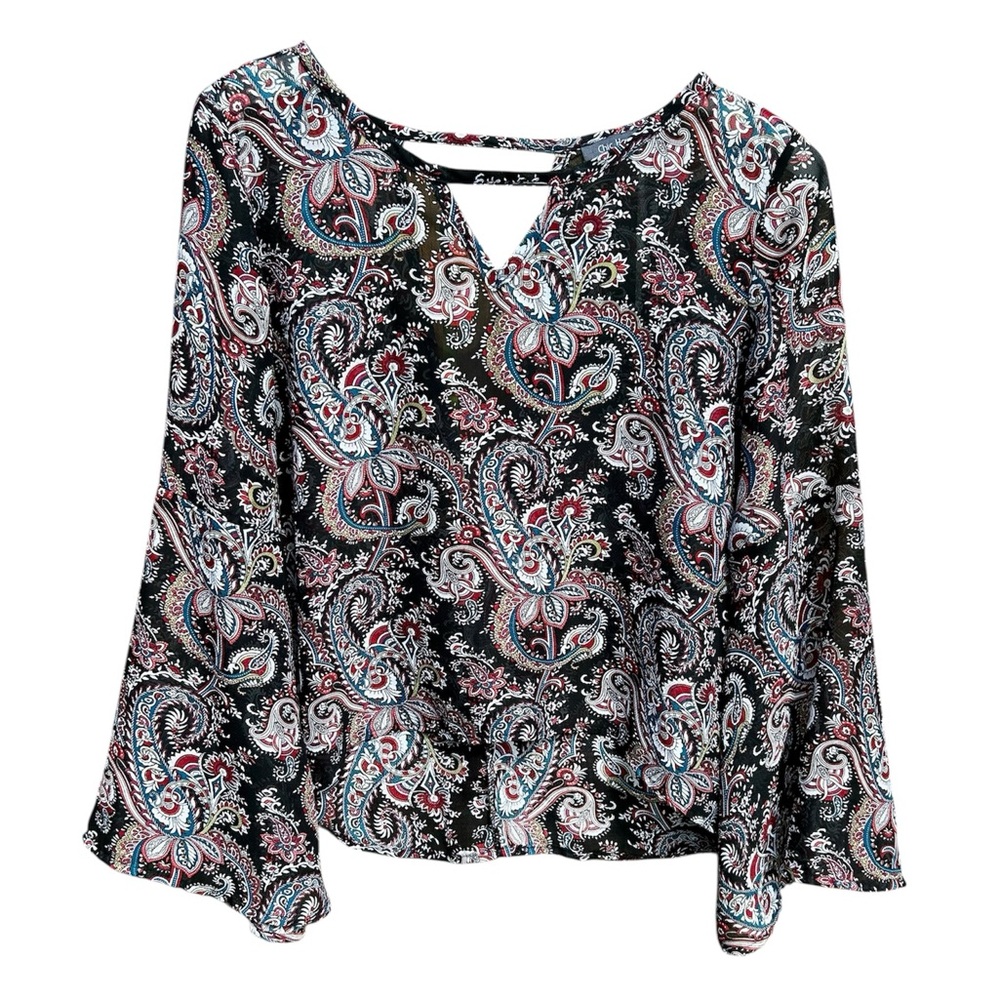 Paisley Print Split Neck Blouse Black by Chic Happens
